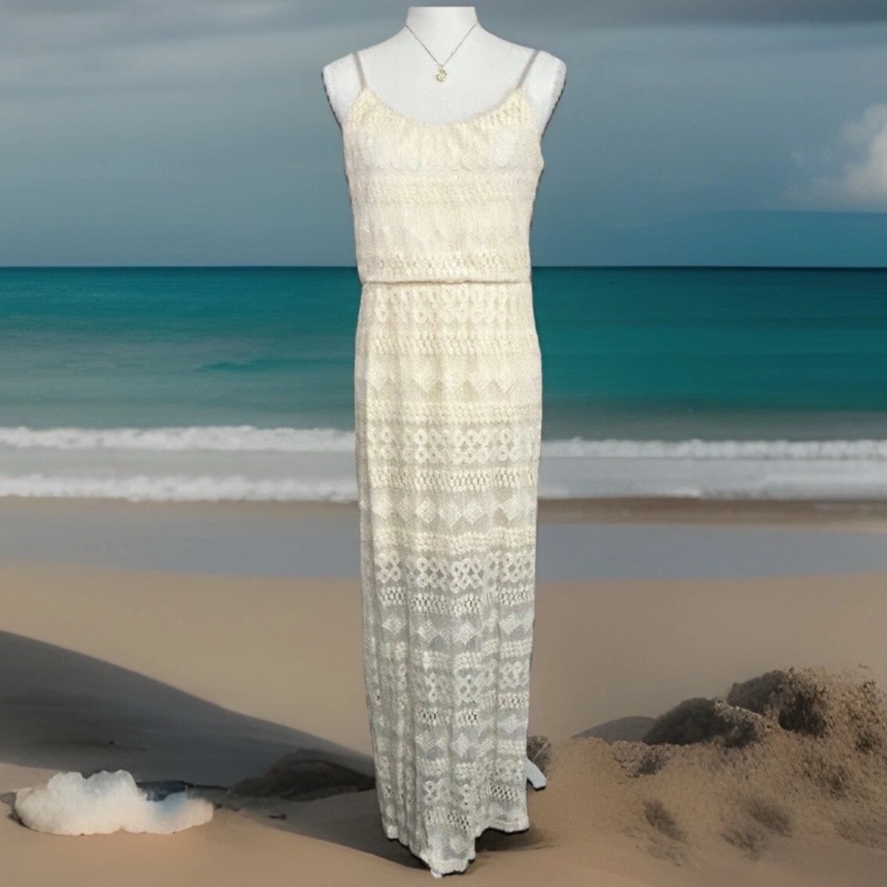Bailey Blue Semi Sheer Lacey Maxi Dress Size L Sleeveless Boho Beachy Cream